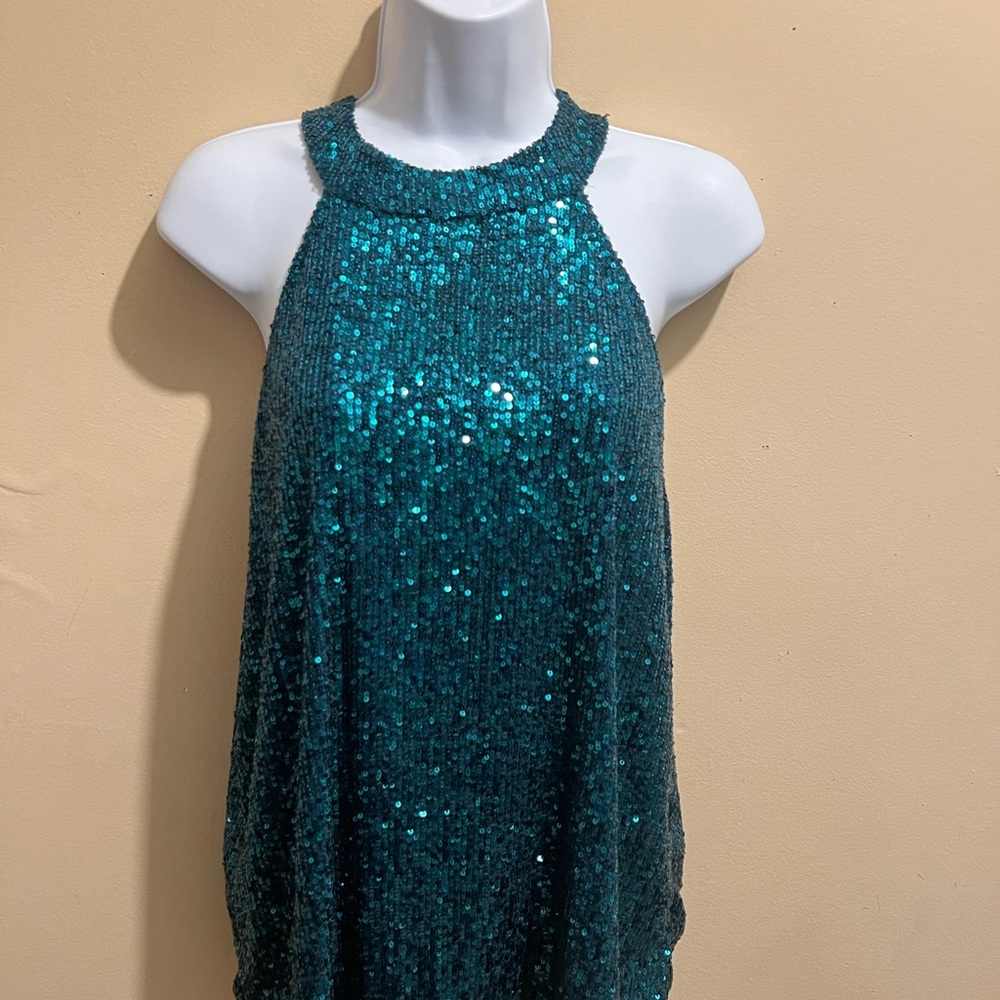 Teal, High neck, sequin top, sleeveless
